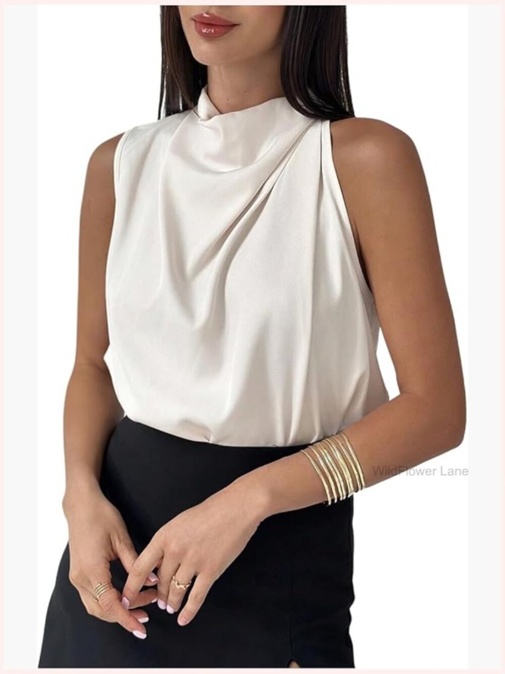 Elegant Draped Sleeveless Tank Top Cowl Neck Dressy Casual Blouse